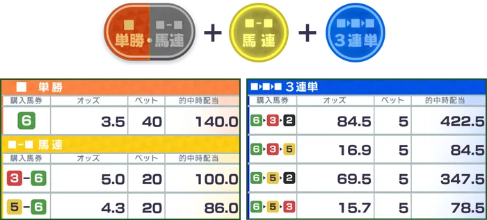 単勝+馬連+3連単　単勝/購入馬券6/オッズ3.5/ベット40/的中時配当140.0、馬連/購入馬券3-6/オッズ5.0
          ベット20/的中時配当100.0、馬連/購入馬券5-6/オッズ4.3/ベット20/的中時配当86.0、3連単/購入馬券6▶3▶2/オッズ84.5/ベット5/的中時配当422.5、3連単/購入馬券6▶3▶5/オッズ16.9/ベット5/的中時配当84.5、3連単/購入馬券6▶5▶2/オッズ69.5/ベット5/的中時配当347.5、3連単/購入馬券6▶5▶3/オッズ15.7/ベット5/的中時配当78.6