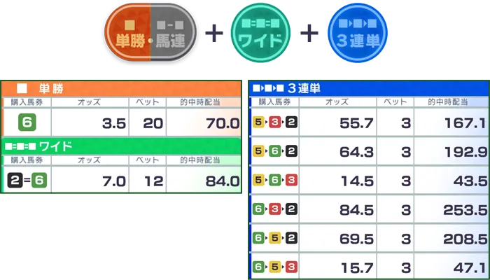 単勝+ワイド+3連単　単勝/購入馬券6/オッズ3.5/ベット20/的中時配当70.0、ワイド/購入馬券2=6/オッズ7.0
          ベット10/的中時配当84.0、3連単/購入馬券5▶3▶2/オッズ55.7/ベット3/的中時配当167.1、3連単/購入馬券5▶6▶2/オッズ64.3/ベット3/的中時配当192.9、3連単/購入馬券5▶6▶3/オッズ14.5/ベット3/的中時配当43.5、3連単/購入馬券6▶3▶2/オッズ84.5/ベット3/的中時配当253.5、3連単/購入馬券6▶5▶2/オッズ69.5/ベット3/的中時配当208.5、3連単/購入馬券6▶5▶3/オッズ15.7/ベット3/的中時配当47.1