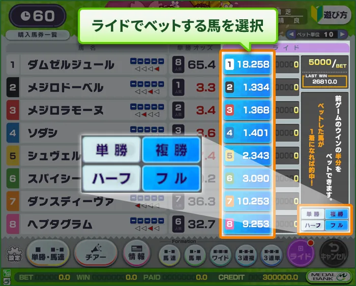 ライドベット選択画面