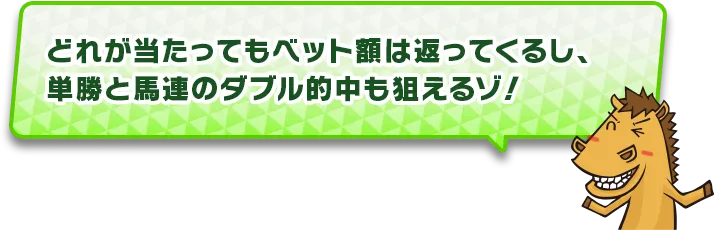 どれが当たってもベット額は返ってくるし、単勝と馬連のダブル的中も狙えるゾ!