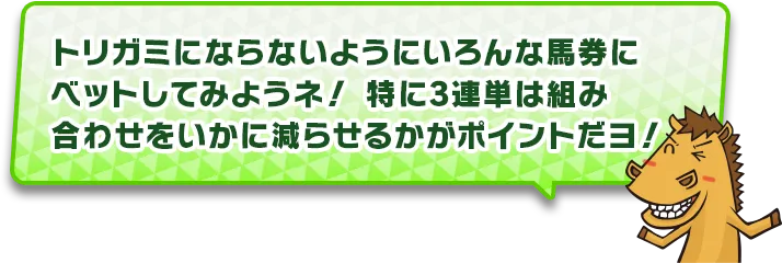 トリガミにならないようにいろんな馬券をベットしてみようネ！特に3連単は組み合わせをいかに減らせるかがポイントだヨ！