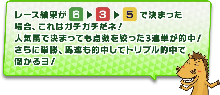 レース結果が6▶3▶1で決まった場合、これはガチガチだネ!人気馬で決まっても点数を絞った3連単が的中!さらに単勝、馬連も的中してトリプル的中で儲かるヨ!